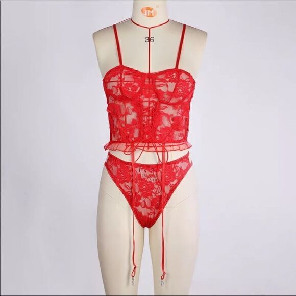 💥Large Size Red Bra Garter Belt Corset Lace  Sexy Lingerie Set - Picture 2 of 5